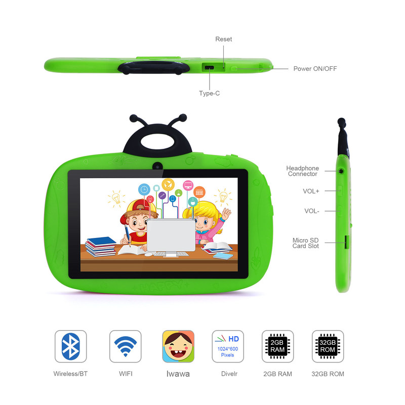 C idea Dual Camera Wi-Fi 7 Inch Tablet PC Android Kids For Toddler Learning 128GB z Case/ Kids App CM75 (zielony)