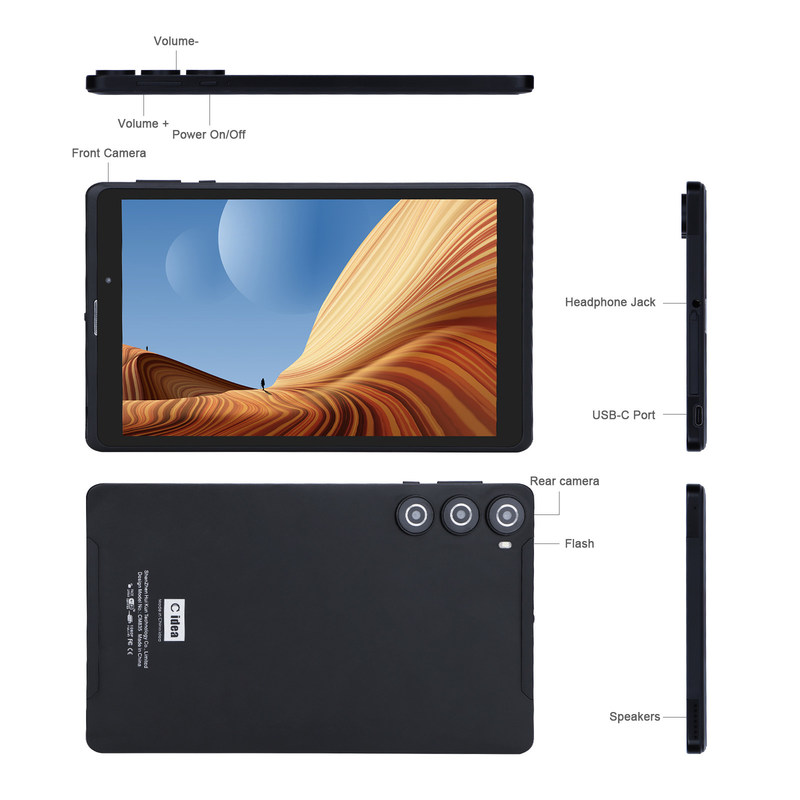 C idea 8 cali Android Tablet Pc Producent z Androidem 12 Quad Core 8GB+512GB Przechowywanie IPS HD Display CM835 ((czarny)