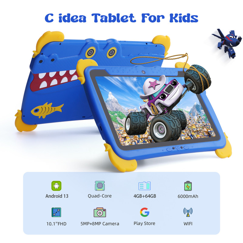C idea Kids Tab 10,1 cala Android 13 Tablet dla dzieci 4GB RAM 64GB ROM Ochrona oczu Ekran dotykowy dla dzieci 3-8 lat