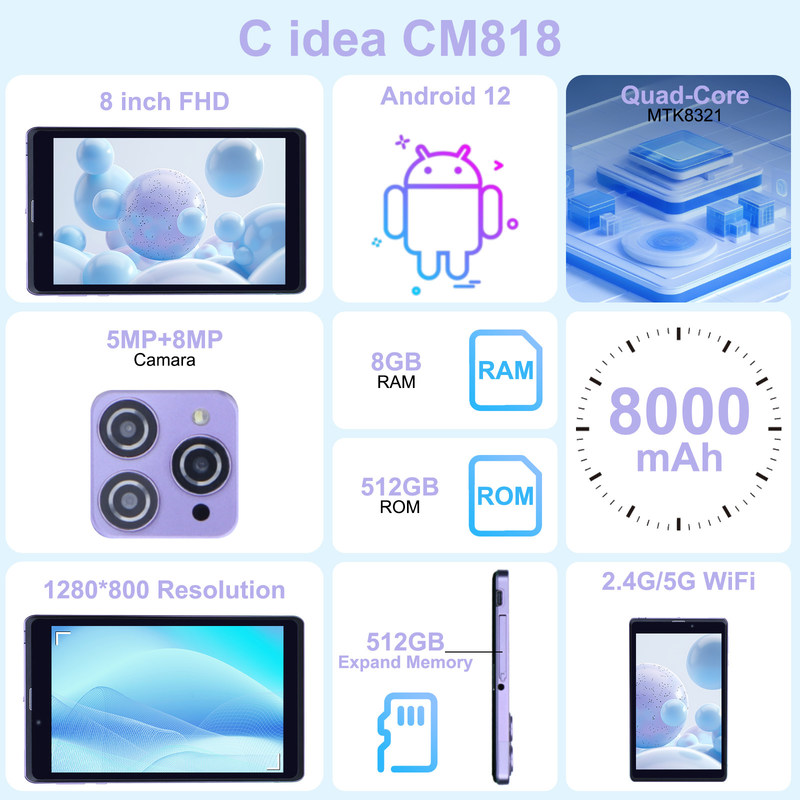 C Idea Portable 8 In Android Tablet PC 8 GB RAM 512 GB Android 12 Tablet IPS HD Wyświetlacz Quad Core CM818-Purple