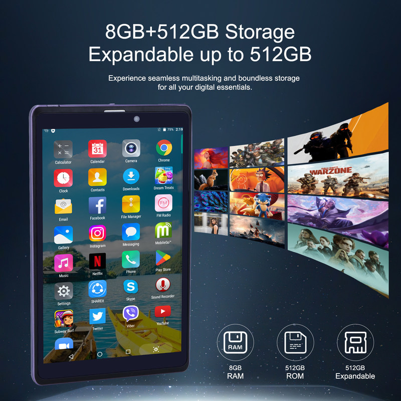 C Idea Portable 8 In Android Tablet PC 8 GB RAM 512 GB Android 12 Tablet IPS HD Wyświetlacz Quad Core CM818-Purple