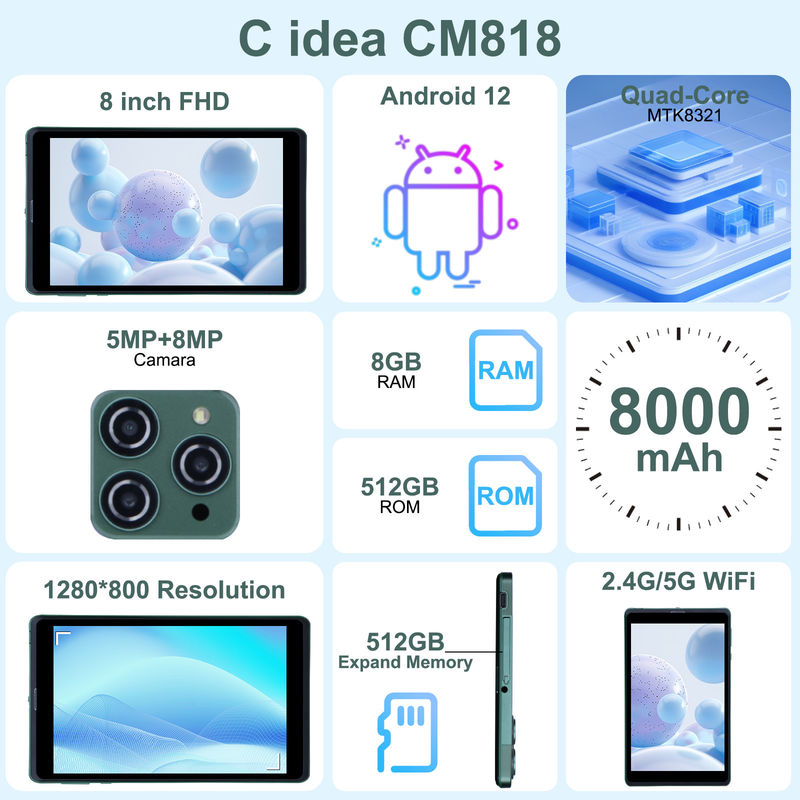 C idea 8 Inch Android Tablet PC Z Androidem 12 OS Quad Core CPU 8GB RAM 512GB Przechowywanie IPS HD Display CM818-Green