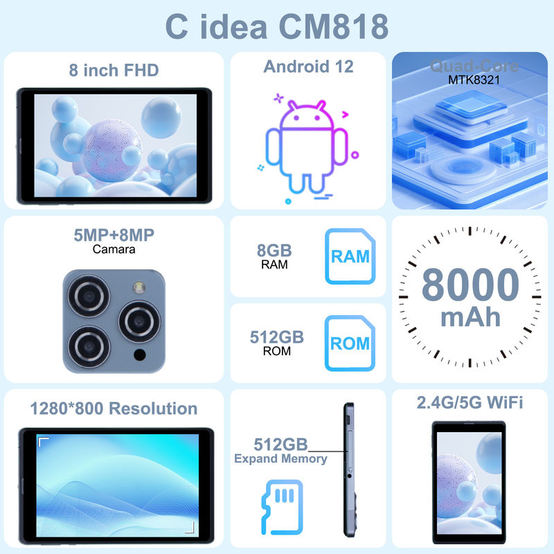 C idea Android Tablet PC Dual Camera 8 Inch 1280x800 IPS HD Display Tablety Android 12 dla studentów CM818-Grey
