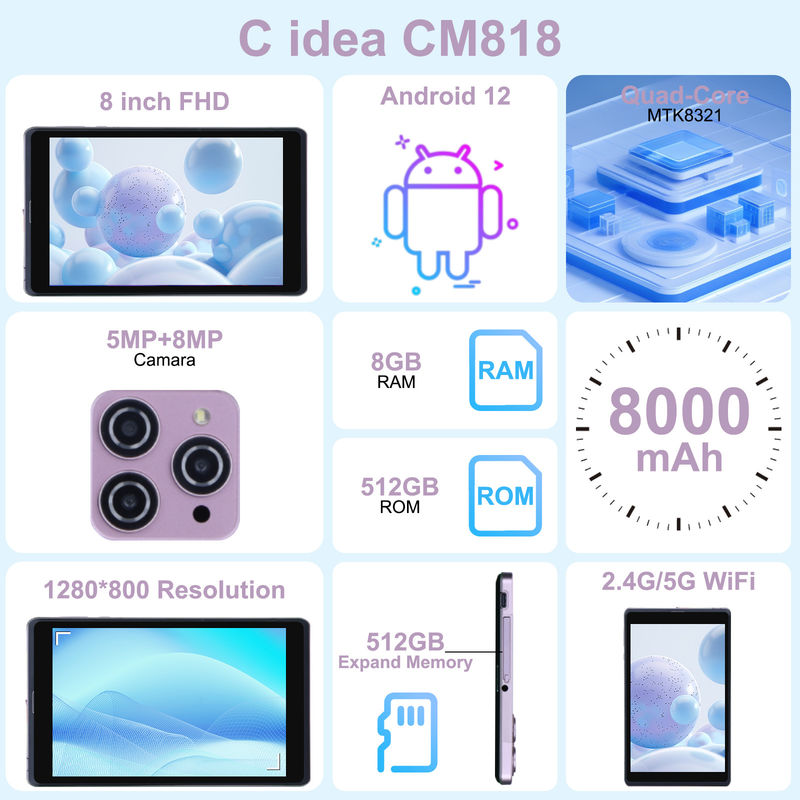 C idea 8 cali Android 12 Tablet 8000mAh Bateria 5+8MP Kamera 8GB RAM 512GB ROM dla edukacji uczenia się CM818-różowy