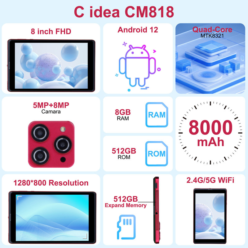 C idea 8 cali Android 12 Tablet 8GB RAM 512GB ROM 8000mAh Bateria 5+8MP Kamera dla studentów z obsługą SIM CM818-czerwony