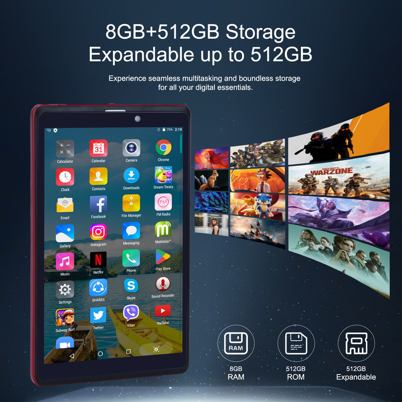 C idea 8 cali Android 12 Tablet 8GB RAM 512GB ROM 8000mAh Bateria 5+8MP Kamera dla studentów z obsługą SIM CM818-czerwony