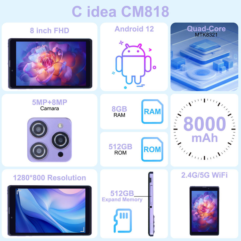 C Idea Portable 8 In Android Tablet PC 8 GB RAM 512 GB Android 12 Tablet IPS HD Wyświetlacz Quad Core CM818-Purple