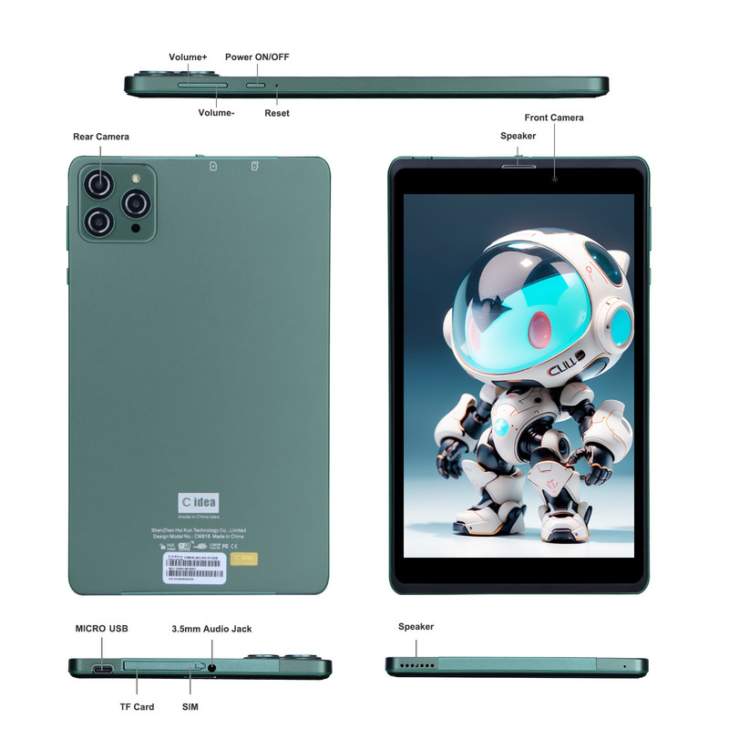 C idea Przenośny 8-calowy tablet z Androidem z Androidem 12 Quad Core CPU 8GB RAM 512GB Przechowywanie IPS HD Display CM818-Green