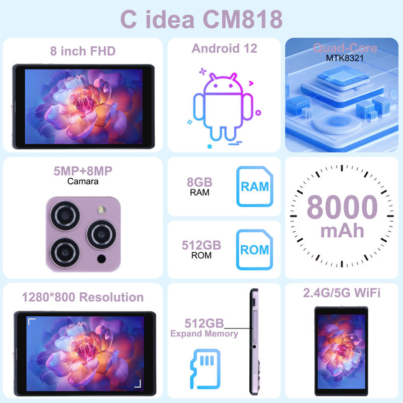 C Idea 8 Inch Android 12 Tablet 8000mAh Bateria 5MP + 8MP Kamera 8GB RAM 512GB ROM Do edukacji uczenia się CM818-różowy
