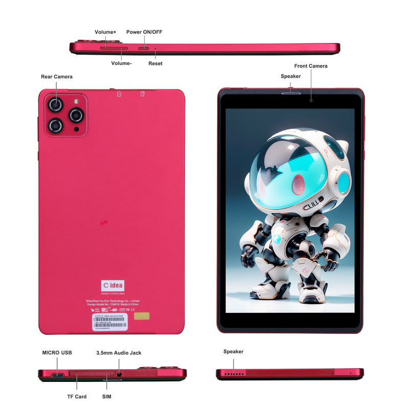 C idea 8 cali Android 12 Tablet 8GB RAM 512GB ROM 8000mAh Bateria 5+8MP Kamera dla nastolatków z obsługą SIM CM818-czerwony
