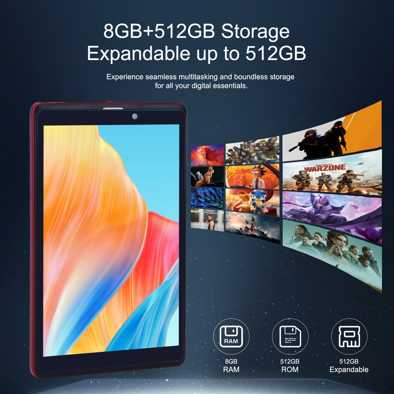 C idea 8 cali Android 12 Tablet 8GB RAM 512GB ROM 8000mAh Bateria 5+8MP Kamera dla nastolatków z obsługą SIM CM818-czerwony