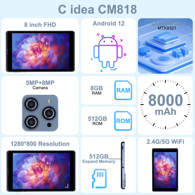 C idea Android Tablet PC Dual Camera 8 Inch 1280x800 IPS HD Display Android 12 Tablety dla nastolatków CM818-Szary