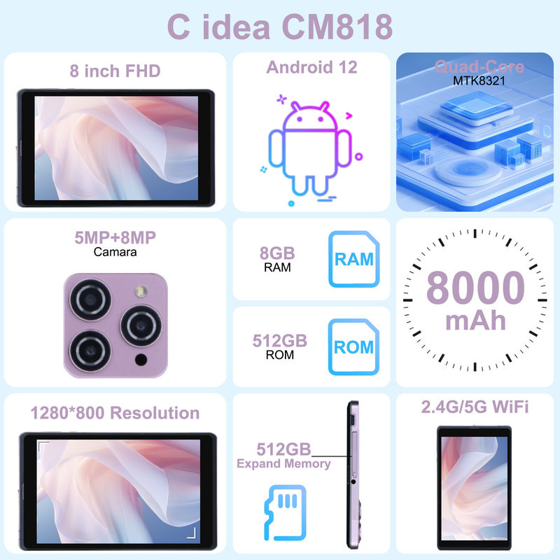 C idea 8 cali Android 12 Tablet 8000mAh Bateria 5+8MP Kamera 8GB RAM 512GB ROM dla edukacji uczenia się CM818-różowy