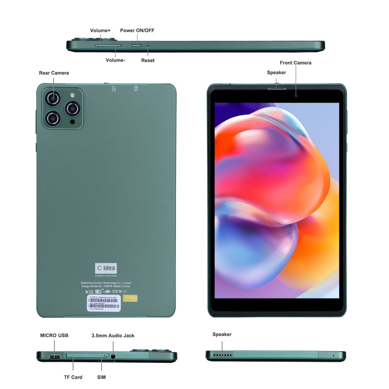 C idea 8 Inch Android Tablet PC Z Androidem 12 OS Quad Core CPU 8GB RAM 512GB Przechowywanie IPS HD Display CM818-Green