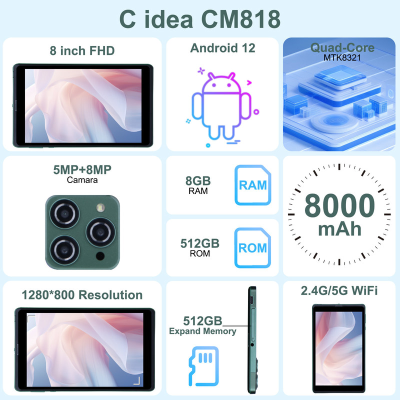 C idea 8 Inch Android Tablet PC Z Androidem 12 OS Quad Core CPU 8GB RAM 512GB Przechowywanie IPS HD Display CM818-Green