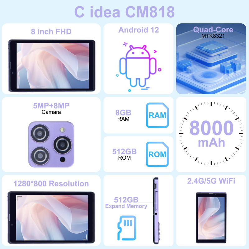 C Idea Portable 8 In Android Tablet PC 8 GB RAM 512 GB Android 12 Tablet IPS HD Wyświetlacz Quad Core CM818-Purple