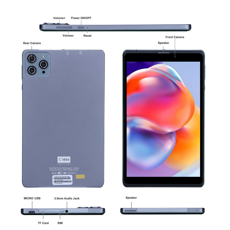 C idea Android Tablet PC Dual Camera 8 Inch 1280x800 IPS HD Display Tablety Android 12 dla studentów CM818-Grey