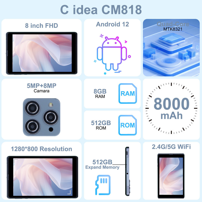 C idea Android Tablet PC Dual Camera 8 Inch 1280x800 IPS HD Display Tablety Android 12 dla studentów CM818-Grey