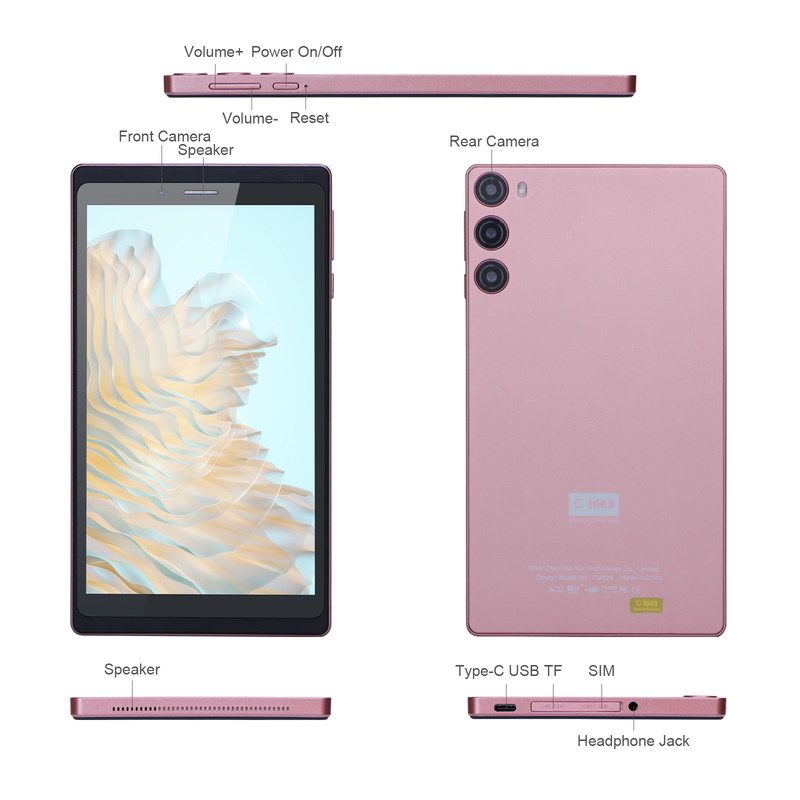C Idea Android 12 Tablet 6GB RAM 128GB ROM Z SIM 7 Inch Tablet PC dla studentów CM525 Pink