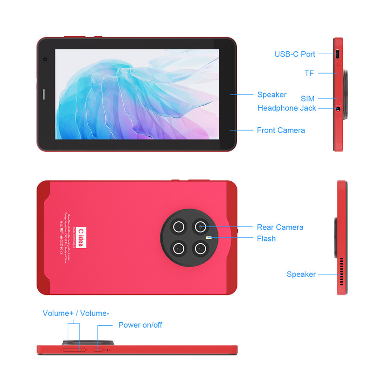 C Idea Android 13 Tablety z SIM Wi-Fi 7 cali Tablet z ekranem dotykowym CM518 Pro Red