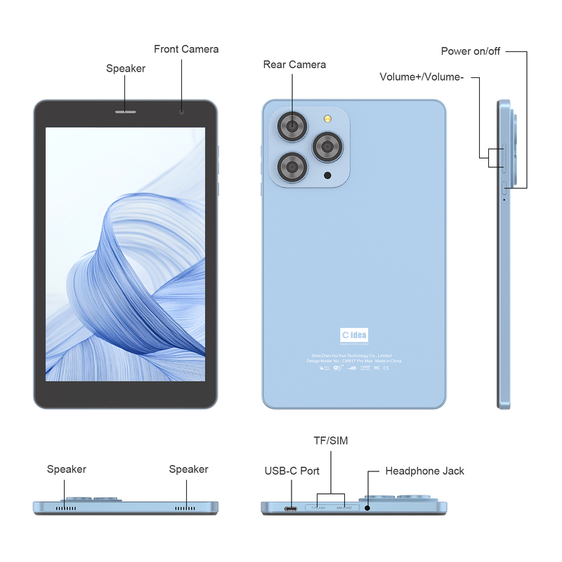 C idea 8-calowy tablet Wi-Fi z pamięcią 8+512GB, czterordzeniowym procesorem, ekranem dotykowym IPS 800x1280, niebieski CM817 Pro