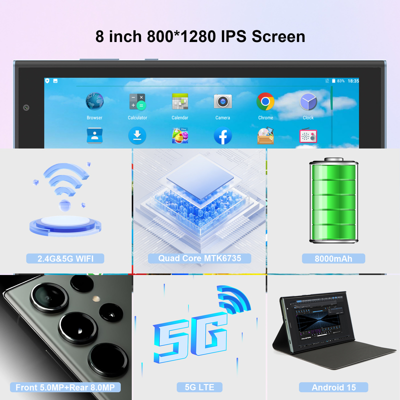 C idea 8-calowy tablet Wi-Fi z pamięcią 8+512GB, czterordzeniowym procesorem, ekranem dotykowym IPS 800x1280, niebieski CM824