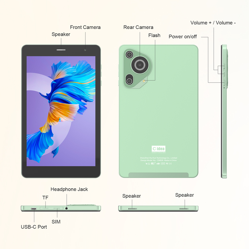 C idea Youth zielony 8-calowy tablet Android 15 z gniazdem na kartę TF, Wi-Fi, 8 GB + 512 GB, 800*1280 IPS incell CM828