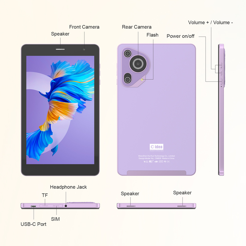 C idea Youth purple 8 Inch Tablet Android 15 z gniazdem do kart TF, WiFi,8GB +512GB, 800*1280 IPS incell CM828